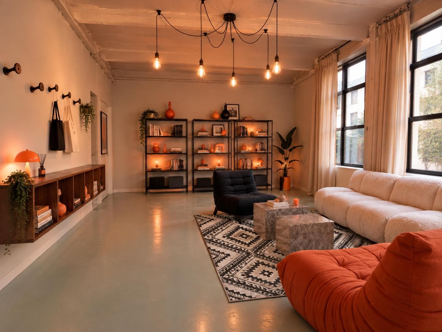 Projection du studio : le coin détente, canapés crème et terracotta, étagères garnies de livres et de vases, ampoules suspendues et grandes fenêtres.