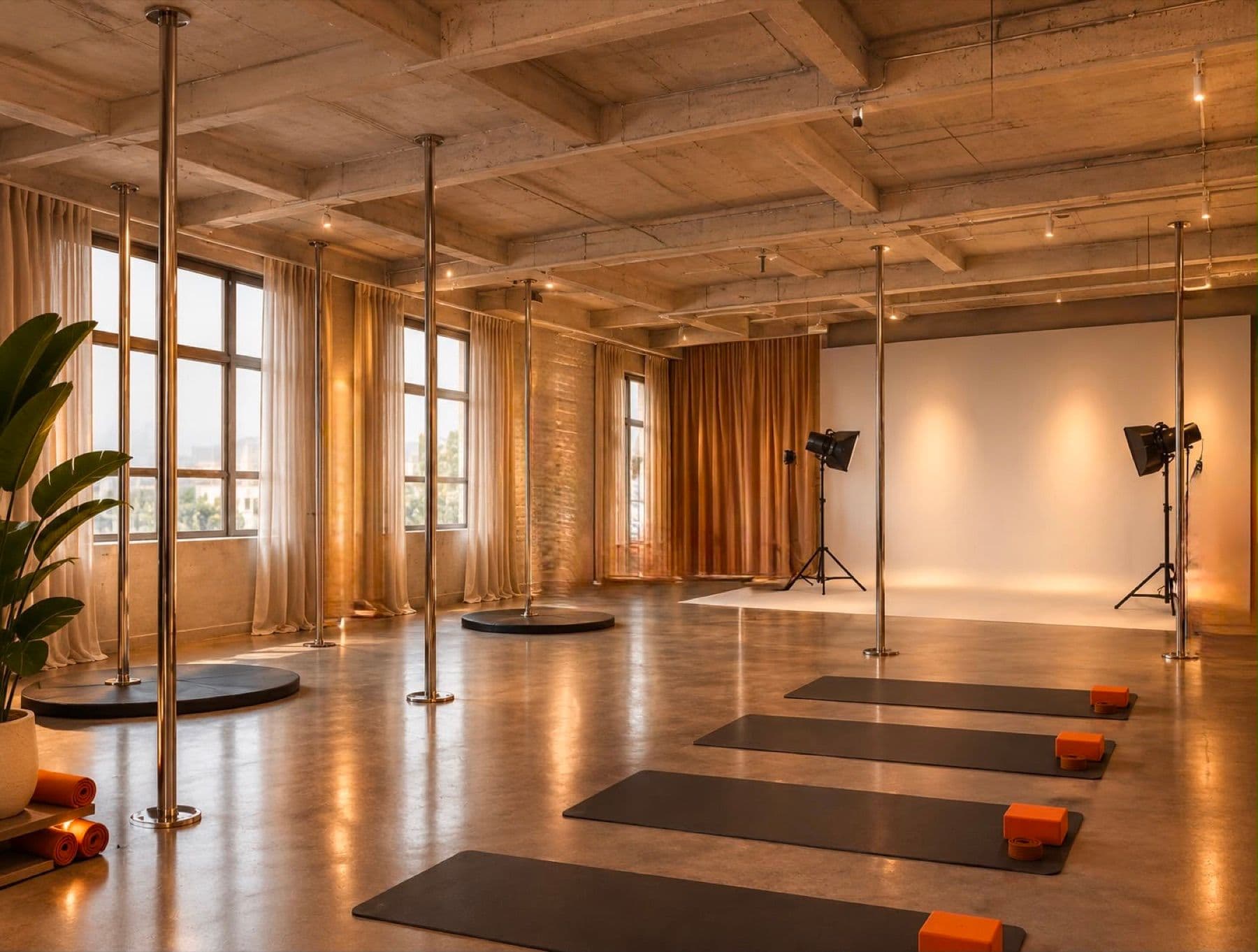 Projection du studio : plusieurs barres de pole devant de grandes fenêtres, tapis au sol et fond blanc de studio photo.